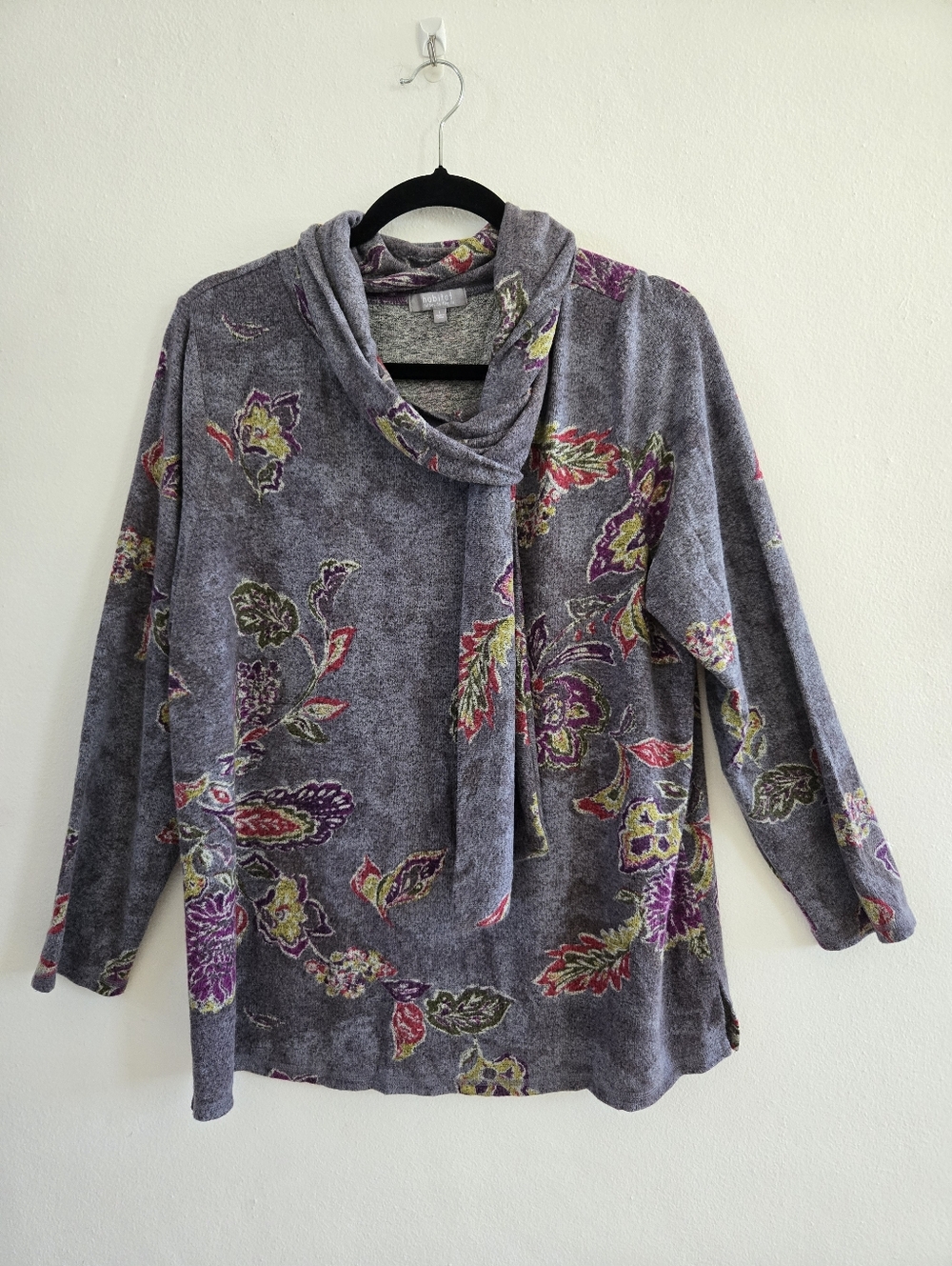 Habitat Women's Gray Floral Tie Neck Pullover Top Size L
